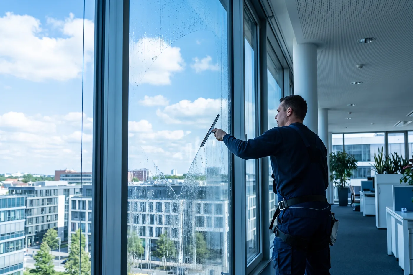 Fensterreinigung mit Abzieher an einer großen Glasfront