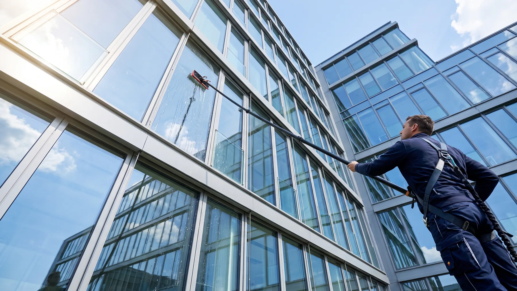 Glasreinigung einer Bürofassade in Krefeld mit Teleskopstange vom Boden aus