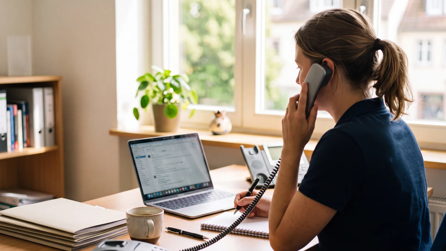 Mitarbeiterin von Clean Herz nimmt eine Anfrage am Telefon entgegen