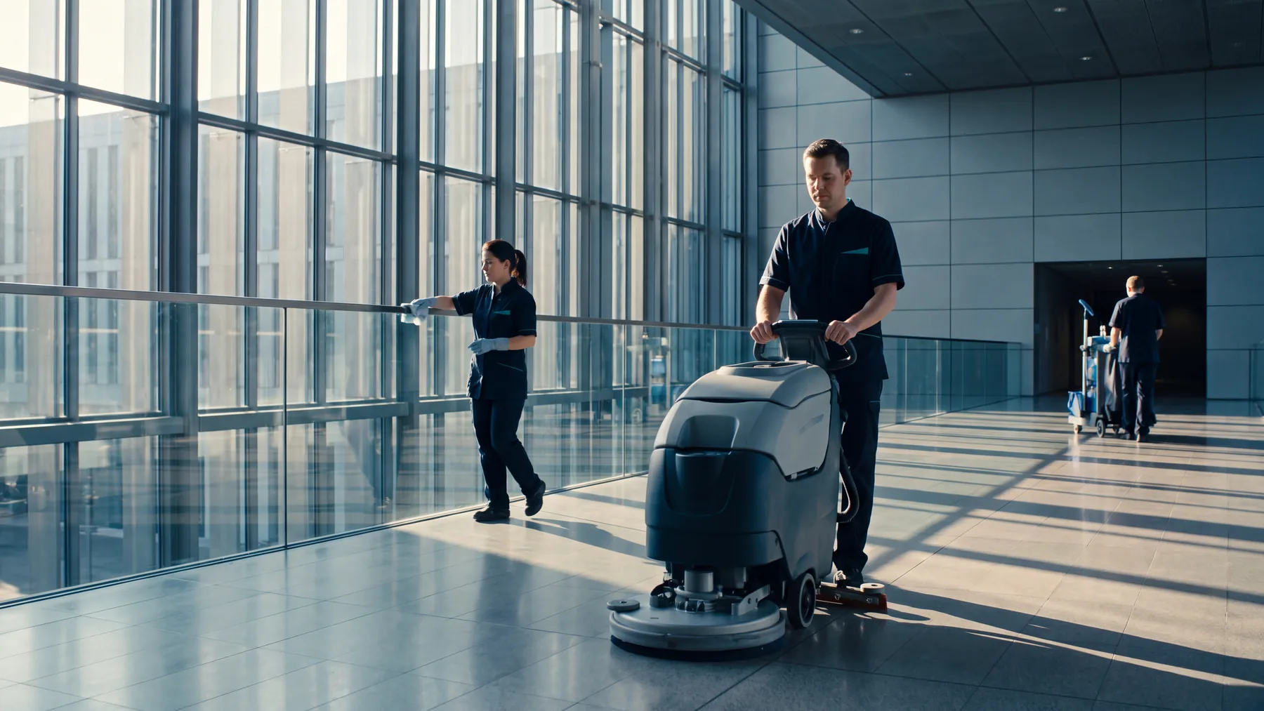 Reinigungsteam von Clean Herz bei der Arbeit in einem großen Atrium in Krefeld