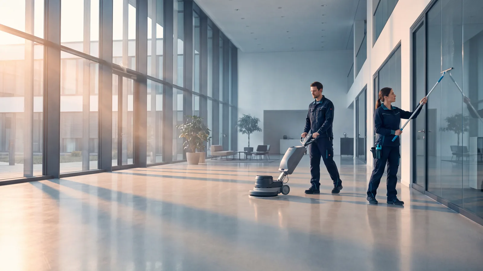 Zwei Reinigungskräfte von Clean Herz reinigen Boden und Glasfront in einer hellen Bürolobby in Krefeld