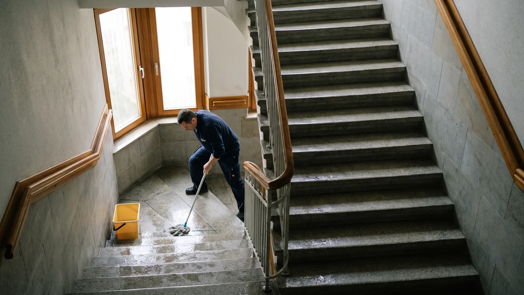 Reinigungskraft wischt die Stufen im Treppenhaus einer Wohnanlage in Krefeld