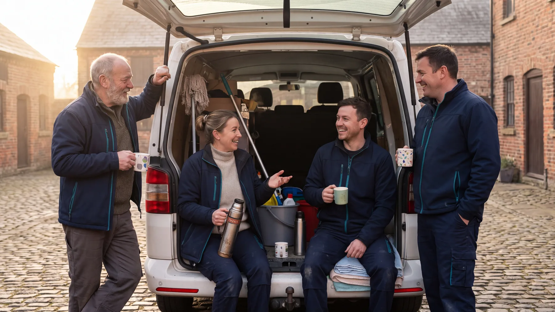Team von Clean Herz am Morgen vor dem Firmenfahrzeug in Krefeld