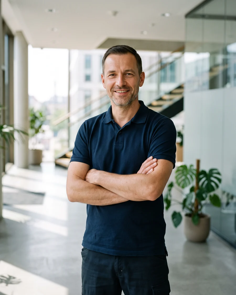 Inhaber von Clean Herz in Arbeitskleidung