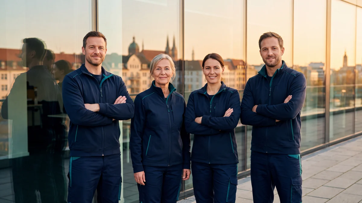 Team von Clean Herz in dunkelblauer Arbeitskleidung vor einem Bürogebäude