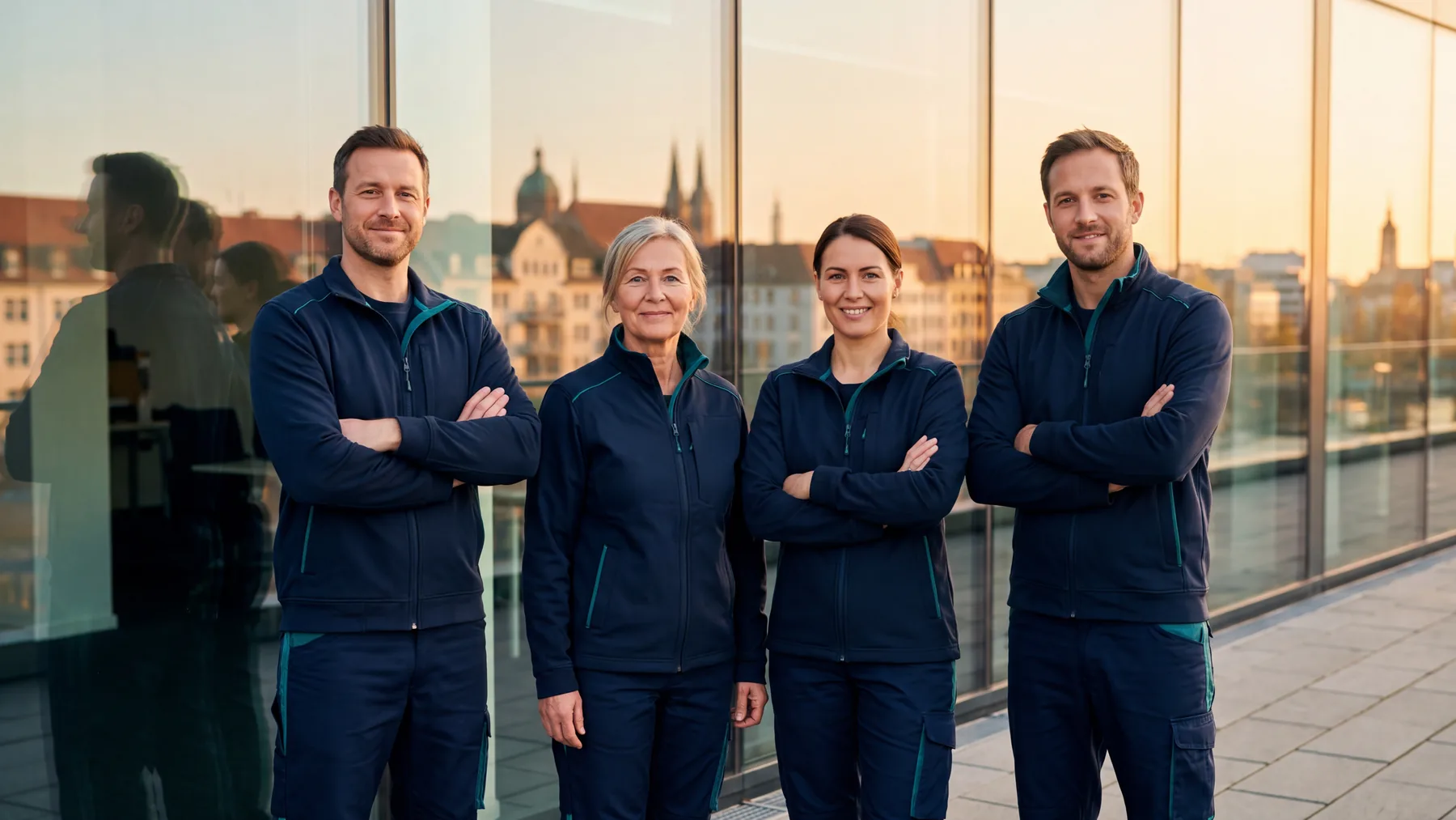 Das Team von Clean Herz in Arbeitskleidung vor einem Gebäude in Krefeld